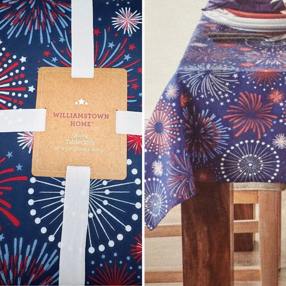 Williamstown 4th of July Fireworks Tablecloth 60x120 Easy Care Blue Red White